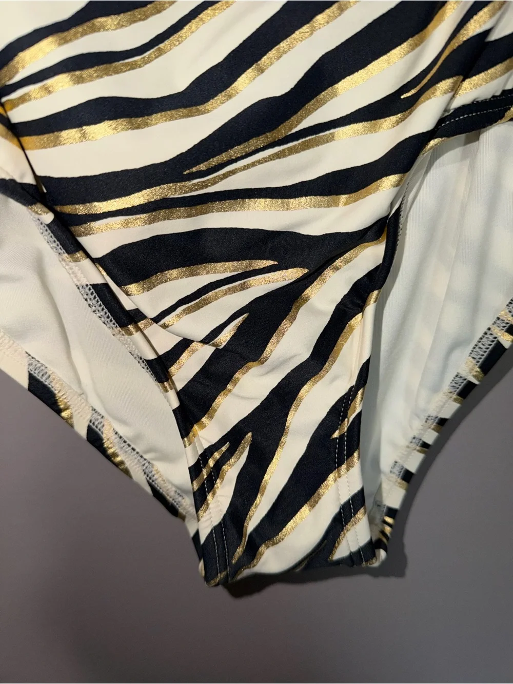 Michael Kors Black, White & Gold Zebra Stripe One-Shoulder Swimsuit - Picture 3 of 9